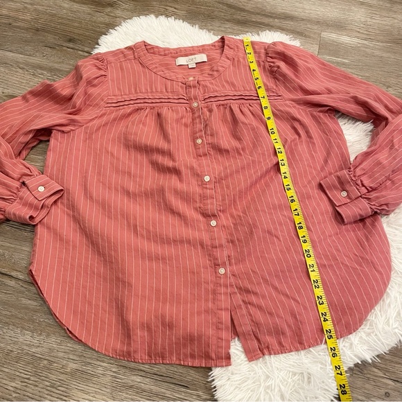 LOFT Fall Striped Blouse Button Front Salmon Pink Teacher Casual Large - Picture 8 of 10